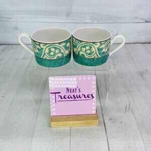 Misono PAVILLION 4856 Green Rim Tan Scroll Ceramic Oven Safe 8oz Flat Cup Set 2